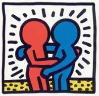 Embrassade de deux personnage, rouge et bleu